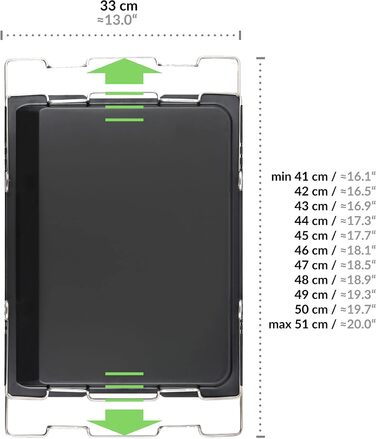 Деко для випікання Grizzly регулюється за розміром, деко для духовки висувається від 41 до 51 см, з обідком висотою 2 см, регульований деко для духовки Висувна рама, 41-51 см