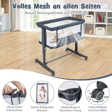 Ліжечко DREAMADE 2-в-1 Side-by-Side, дорожнє ліжечко з регульованою висотою на 5 рівнях з матрацом та колесами, колиска 86 x 63 см для дітей від народження до 9 кг, дитяче ліжечко з кутом нахилу 10 (модель 2 - темно-сірий)