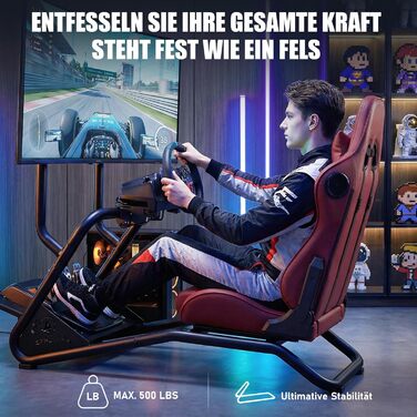 Підставка для керма гоночного симулятора з 3D стереодинаміками, кріпленням для монітора, регульованим кріпленням керма, кріпленням для важеля перемикання передач та педалями (бордовий)