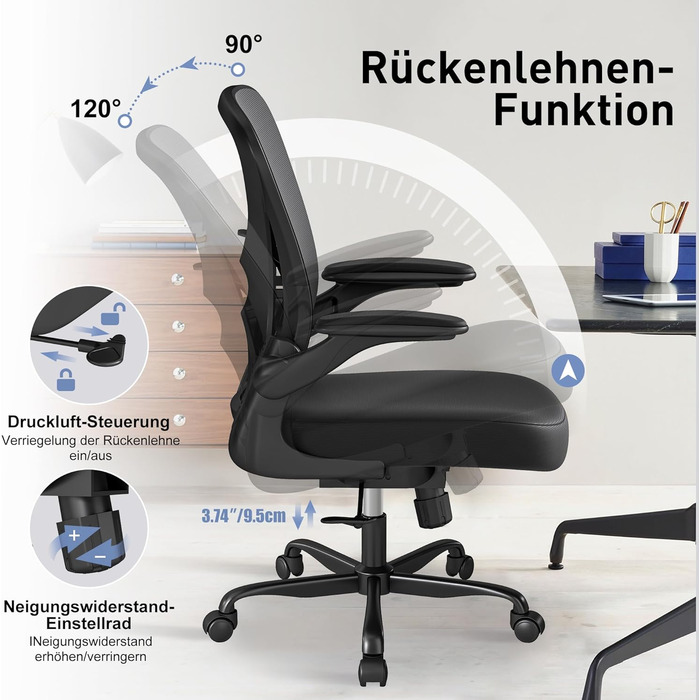 Ергономічне офісне крісло ZZH, сітчасте офісне крісло з регульованою поперековою опорою та відкидними підлокітниками, дихаюче комп&39ютерне крісло для домашнього офісу з поворотом на 360 та регулюванням висоти, чорне