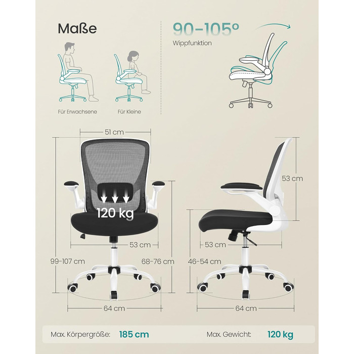Ергономічне офісне крісло SONGMICS, обертове крісло з сіткою, поперекова підтримка, функція гойдання, розмір сидіння 53 см, складні підлокітники, для роботи та спальні, для студентів, чорно-біле OBN37WT чорний білий без підголівника