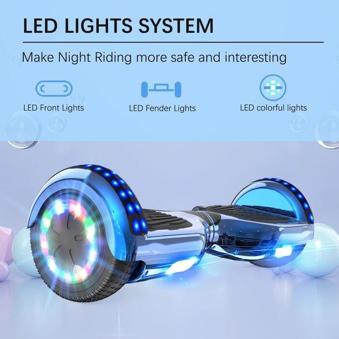 Ховерборди RCB 6,5 дюйма – для дітей та підлітків з Bluetooth, світлодіодний з потужним двигуном, подарунок для дітей, хромований синій