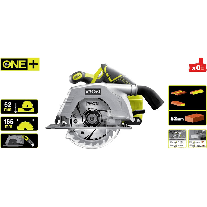 Акумуляторна портативна циркулярна пила RYOBI 18 V ONE R18CS-0 (отвір ø 16 мм, глибина різання до 52 мм, частота обертання на холо