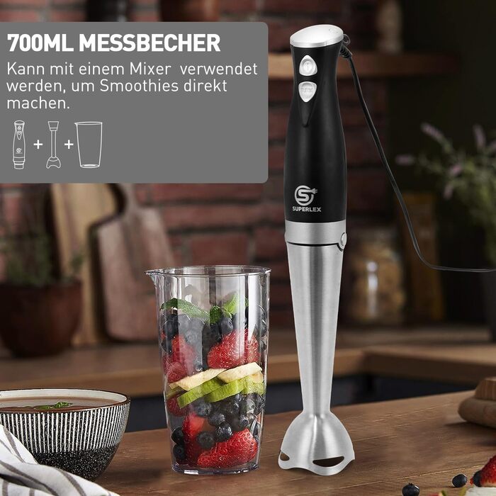 Набір електричних ручних блендерів SUPERLEX 4-в-1 з віночком, подрібнювачем, блендером і мірною чашкою, 2 рівні швидкості Turbo Button блендер 700 Вт, блендер з нержавіючої сталі, для дитячого харчування, супу, пюре 4-в-1 Набір чорний