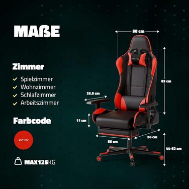 Ергономічне офісне крісло Game Hero - Ігрове крісло з подушкою для стегон та підголівником - Геймерське крісло з підставкою для ніг - Шкіряне крісло для роботи, Ігрове крісло до 125 кг - Winner X1 (червоне)