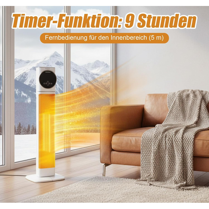 Електричний вентилятор-обігрівач, керамічний нагрівач PTC потужністю 2500 Вт з коливаннями 90, 9-годинним таймером та захистом від перегріву/перекидання, компактний та тихий, енергозберігаючий для офісів