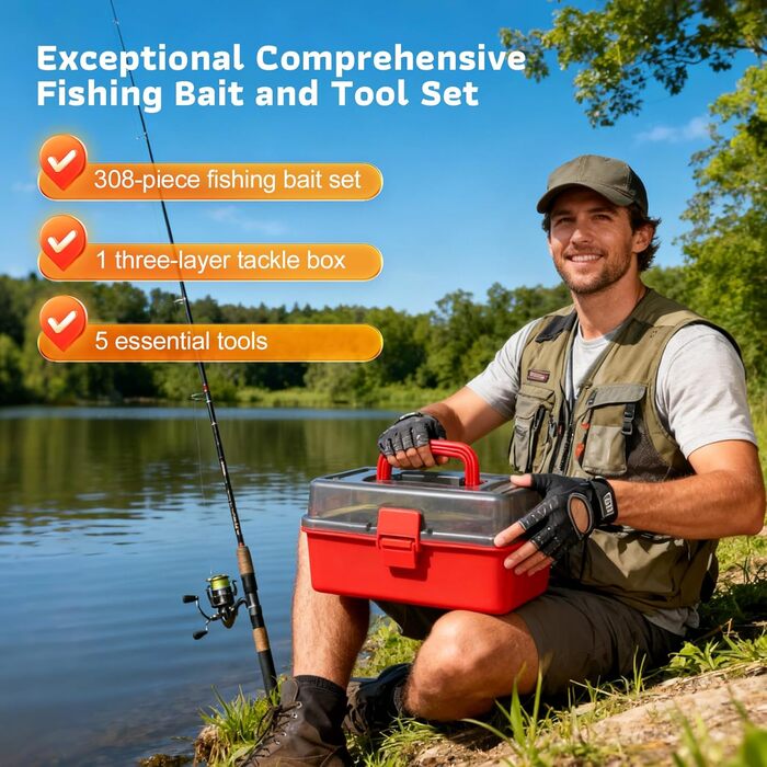 Набір рибальських снастей із 314 предметів, набір рибальських снастей з рибальськими аксесуарами, затискачами для губ, знімачем гачків, гачками, рибальськими приманками, коробкою для снастей на 3 полиці. Підходить для початківців та професіоналів у компле