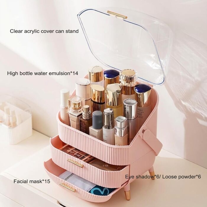 Органайзер для макіяжу, органайзер для догляду за шкірою для туалетного столика, портативна вітрина для косметики, скринька для макіяжу для гуртожитку, ванної кімнати, комода, коробка для зберігання косметики (рожевий)