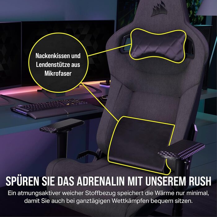 Ігрове крісло Corsair T3 RUSH з тканинною оббивкою (2023) Дизайн у стилі гонок Мяка оббивка Мяка подушка для шиї Поперекова підтримка з піни з ефектом памяті Темно-сірий антрацитовий колір T3 RUSH (2023)