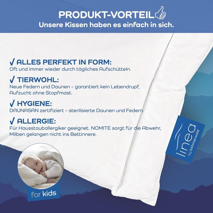 Дитяча плоска подушка LINEA від Bhmerwald, 90 пух/10 пір&39я, 40x60 см, підходить для алергіків, можна прати при температурі до 60C, виготовлено в Німеччині