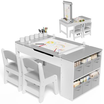Дитячий стіл MAMIZO з 2 стільцями, дерев&39яний дитячий стіл та комплект стільців, дитячий комплект сидіння з місцем для зберігання та рулоном паперу, стіл для малювання та рукоділля, художній стіл для дітей від 3 років, сірий