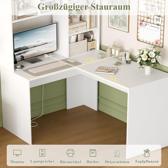 Кутовий письмовий стіл FirFurd з подовжувачем, L-подібний комп&39ютерний стіл з книжковою полицею, стіл для ПК/ноутбука для офісу, кабінету, вітальні, домашнього офісу, білий, 153 x 125 x 108 см, білий/розкішний сад