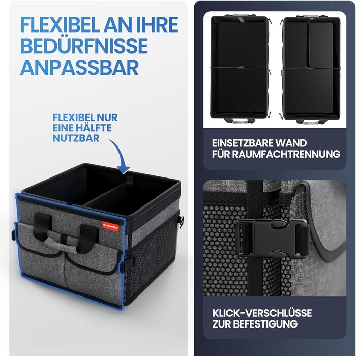 Органайзер для багажника преміум-класу HELDENWERK з кришкою міцний та нековзкий. Складаний органайзер для автомобіля великого розміру з подвійним дном. Чорно-сіра коробка для багажника з чорною облямівкою.
