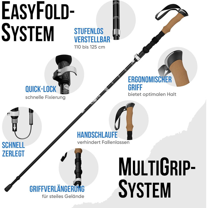Туристичні палиці BAVA Складні розмір упаковки 36 см Різні насадки Надлегкі Система EasyFold-System - телескопічна регульована Трекінгові палиці Палиці для скандинавської ходьби Жіночі та чоловічі - Піші прогулянки Піші прогулянки на свіжому повітрі
