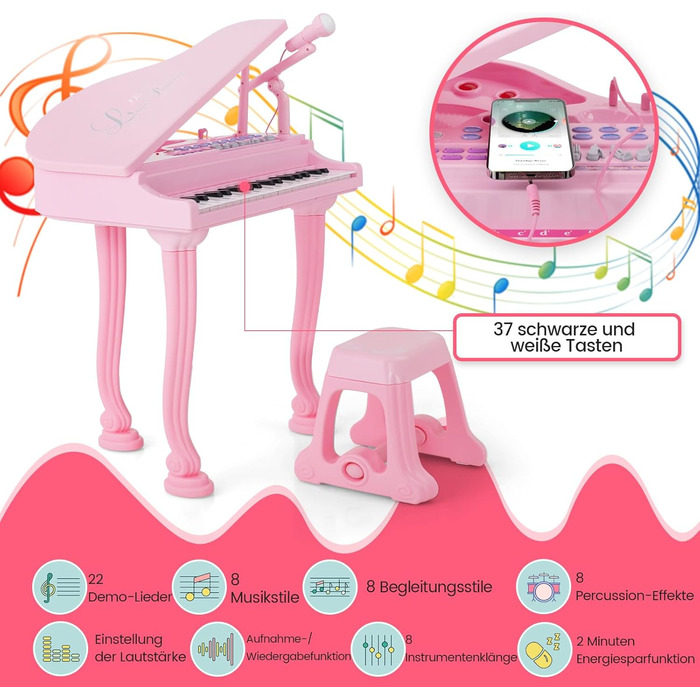 Дитяча клавіатура COSTWAY з 37 клавішами та стільчиком, електронна клавіатура для піаніно портативна з мікрофоном, світлодіодний режим навчання, функція запису та відтворення, музичний інструмент для дітей від 3 років (рожева)