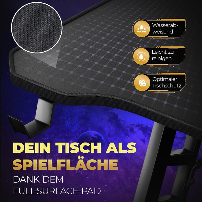 Ігровий стіл 160x70 Стіл з килимком для миші XXL та системою організації кабелів для ПК-геймерів Чорний 160x70x75