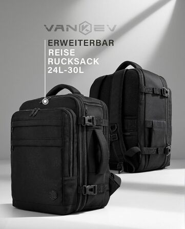 Розширюваний ручний багаж для літаків Eurowings, Ryanair, EasyJet, Wizz Air 40x30x20-40x30x25 см (24-30 л), рюкзак під сидіння з відділенням для ноутбука 15,6, чорний