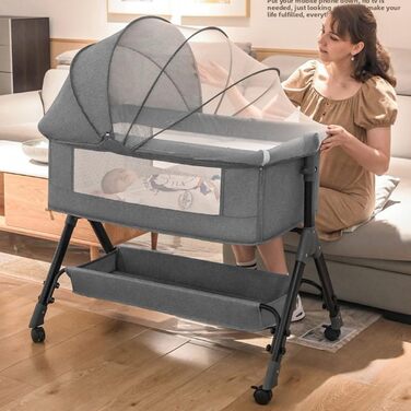 Дитяче ліжечко-тумбочка, дитяче ліжко 3-в-1, регулювання висоти та нахилу матраца, 4 колеса з гальмами, з аксесуарами, сумка, москітна сітка (хакі) X3khaki