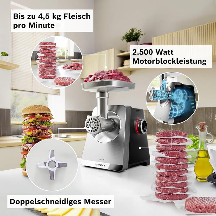 Електрична м'ясорубка Bosch Serie 8 MultiPower MFWS840M, 2500 Вт, нержавіюча сталь, 3 диски (3/4.5/8 мм), насадки для кеббе та ковбас, шинка-терка, придатна для миття в посудомийній машині