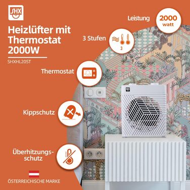 Тепловентилятор SHXHL20ST потужністю 2000 Вт з термостатом маленький та зручний портативний захист від перекидання та перегріву