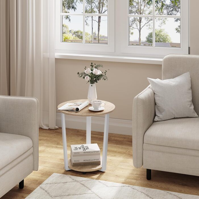 Круглий журнальний столик WOLTU, сучасний журнальний столик, невеликий столик для вітальні, диванний столик з 2 полицями, столик для вітальні для дивана, тумбочка, з місцем для зберігання, виготовлений з інженерної деревини, світлий дуб, BTS13hei