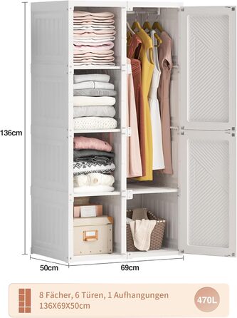 Складана шафа з 5 кубіками, 1 рейкою для одягу, швидке складання, універсальна шафа для вітальні/спальні (Білий, 50x69x136 см) Білий, 50x69x136 см