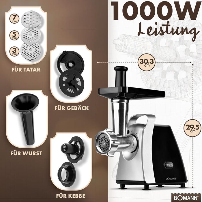 М'ясорубка 1000 Вт з насадкою для печива та пісочного тіста електрична м'ясорубка 3 металеві диски вперед/назад м'ясорубка з ковба