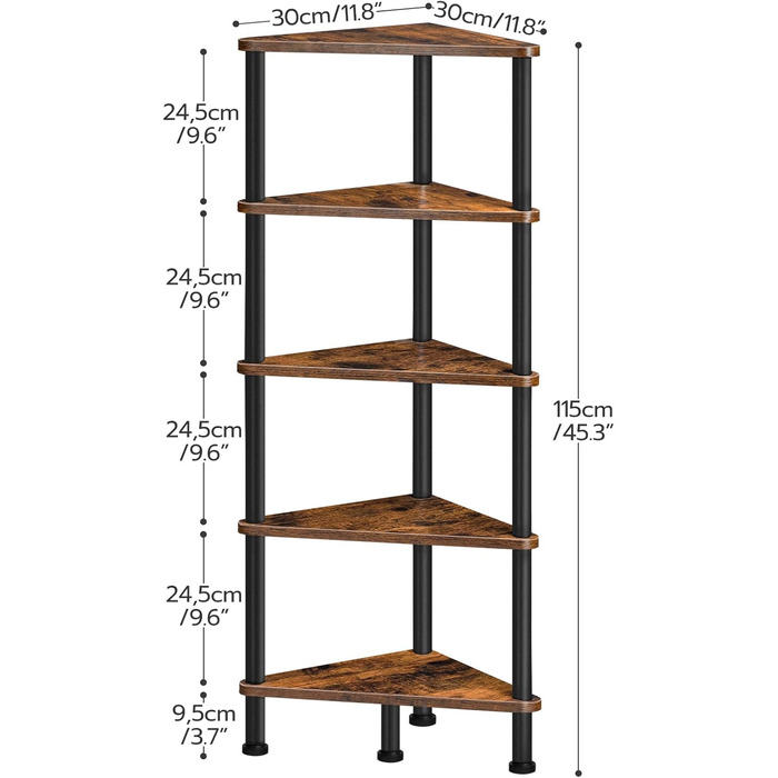 Кутова полиця HOOBRO з 5 ярусами, промислова кутова полиця, книжкова полиця на місці, кутова книжкова полиця для демонстрації рослин та квітів, полиця для зберігання для невеликих приміщень, вінтажний коричневий EBF33CJ01 рустикальний коричневий/чорний 30