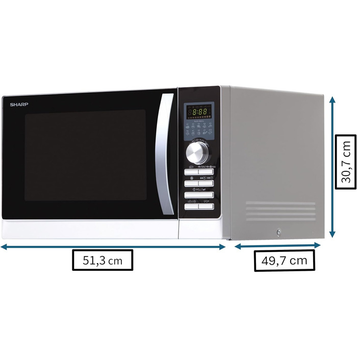 Мікрохвильова піч Sharp R843INW 4-в-1 з гарячим повітрям, грилем і конвекцією/ 25 л/ 800 Вт/ 1000 Вт інфрачервоний гриль/ 2500 конвекція/ 10 автоматичних програм/ програма для піци/ металевий поворотний стіл (30 см)/ срібло Одинарний
