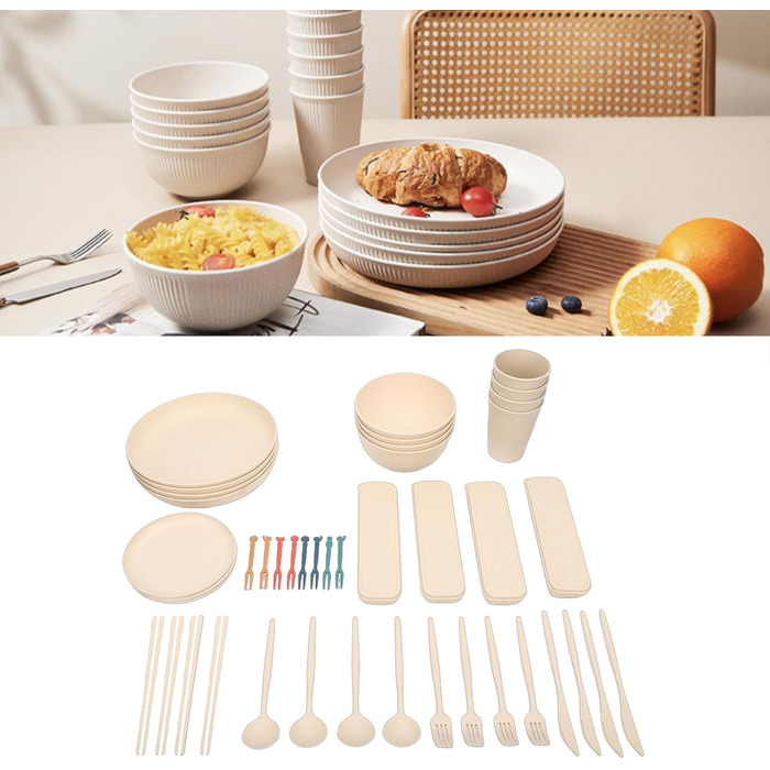 Набір посуду на 4 особи, небємий тарілки, миски та чашки. Зручна коробка для зберігання, можна мити в посудомийній машині та використовувати в мікрохвильовій печі. Ідеально підходить для дому, кемпінгу, пікніків.