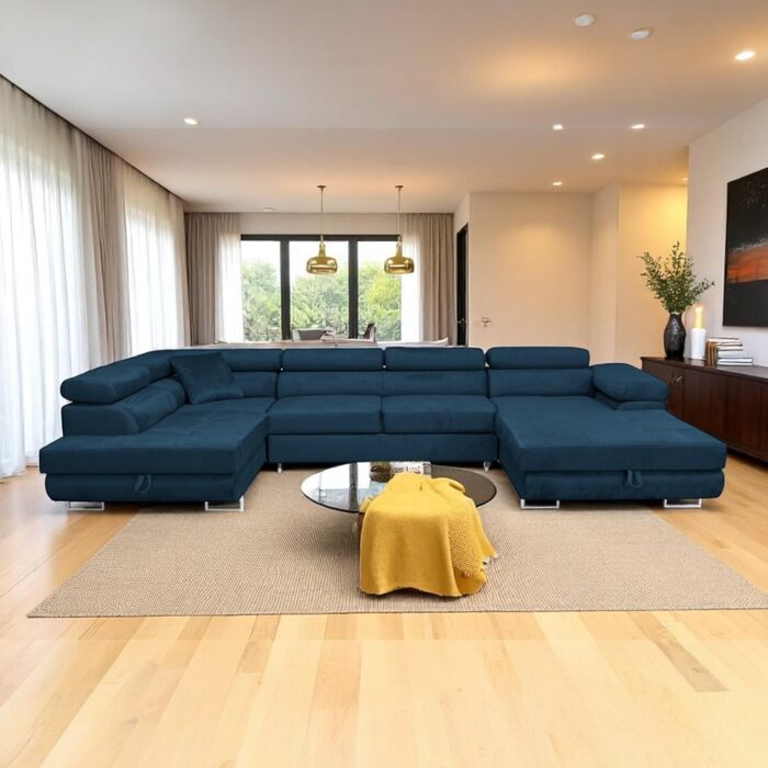 Кутовий диван Aller Moon U XXL зі сплячою функцією та двома відділеннями для зберігання речей. (Темно-синій, лівий) Темно-синій лівий