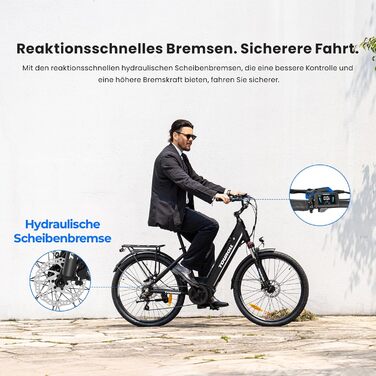 Електровелосипед Touroll MA1 26 дюймів для дорослих, міський електричний велосипед з двигуном 250 Вт 75 Нм із середнім приводом та акумулятором 36 В 468 Втгод, запас ходу 110 км, гідравлічні дискові гальма, електровелосипеди для чоловіків та жінок