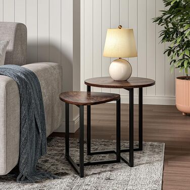 Комплект журнальних столиків із 2 шт. Журнальні столики у вінтажному промисловому дизайні, металевий каркас та МДФ, вбудовані столики для вітальні, сучасні круглі та трикутні, коричневі, 45 x 48 см