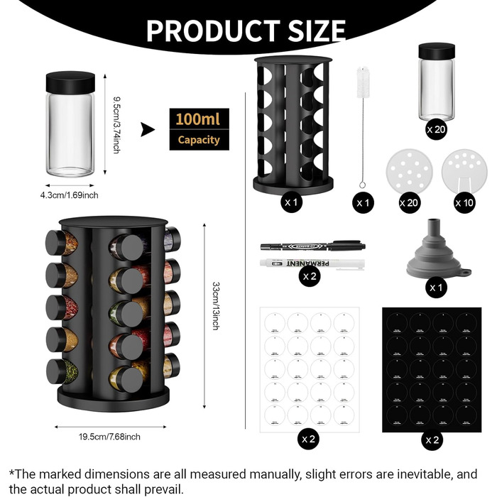 Кругла чорна підставка для спецій з 20 чорними круглими банками для спецій, карусель для спецій з нержавіючої сталі, що обертається на 360, органайзер для спецій, підставка для спецій, банки для спецій зі вставкою-шейкером, кругла банка для спецій B 20