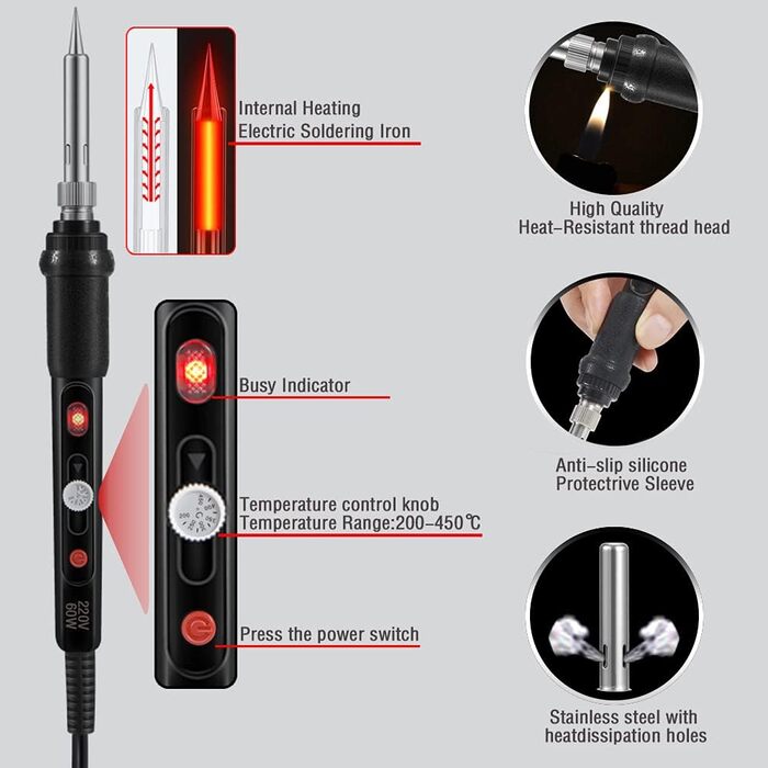 Набір паяльників, паяльник 60 Вт з вимикачем 200-450C, регульована ручка температури, 5 жал, вигнутий пінцет, паяльний дріт, підст