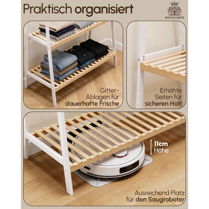 Вішалка для одягу з 2 полицями з білого бамбука, шафа-тумба з міцною рейкою для одягу, шафа з полицею для взуття, для передпокою, спальні, 160 x 80 x 44 см (білий)