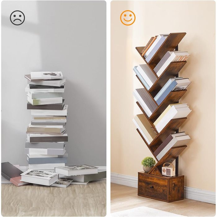 Книжкова полиця HOOBRO з шухлядою, 9-ярусна окремостояча полиця, книжкова полиця у формі дерева, полиця для DVD, окремостояча книжкова вежа, для вітальні, спальні, домашнього офісу, вінтажний коричневий EBF18SJ01G1 вінтажний коричневий чорний