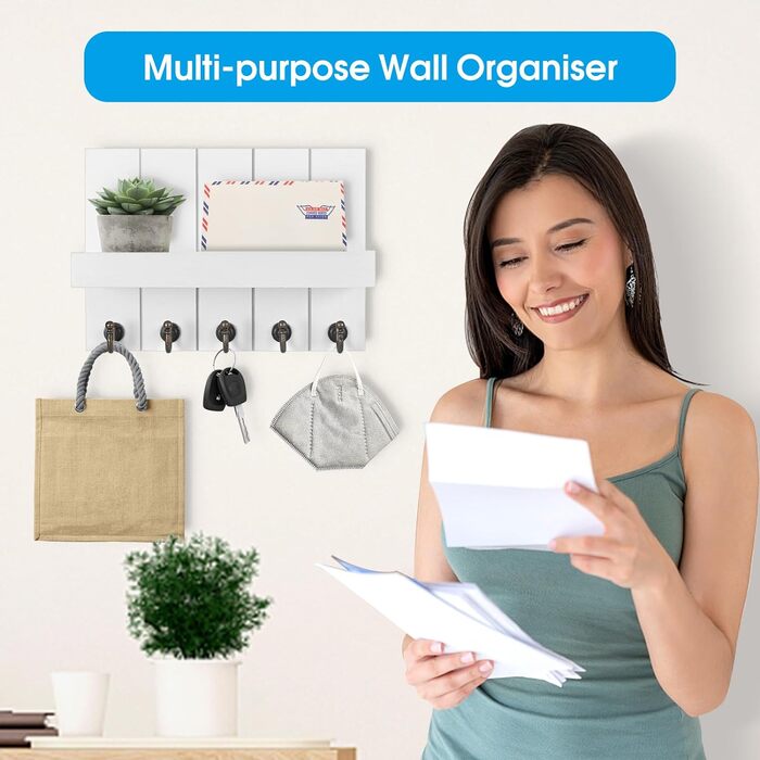 Ключниця Kldgris з полицею, дерев'яна ключниця, декоративна дерев'яна настінна ключниця, з 5 гачками для ключів, для входу, передп