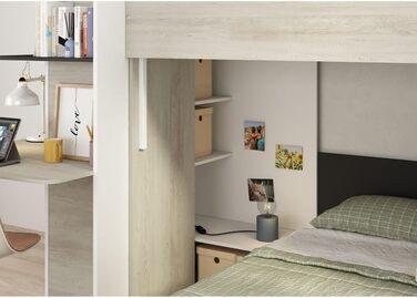 Двох'ярусне ліжко Bleki для двох дітей з письмовим столом і шафою в вінтажному білому та антрацитовому кольорах