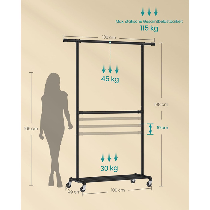 Вішалка для одягу в індустріальному стилі, вантажопідйомність до 110 кг, шафа-стійка на колесах, 2 шт. анги для одягу, виготовлена з металу, міцна, для демонстрації в магазині, чорна HSR62BK