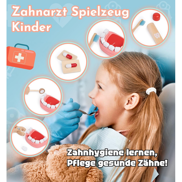 Кейс лікаря для дітей від 3 років, дерев'яний кейс лікаря для дітей, іграшковий дитячий стоматолог з кейсом лікаря, справжній стетоскоп, термометр, дитячі ігри з кейсом лікаря, подарунок на 3 роки, інформаційний бюлетень