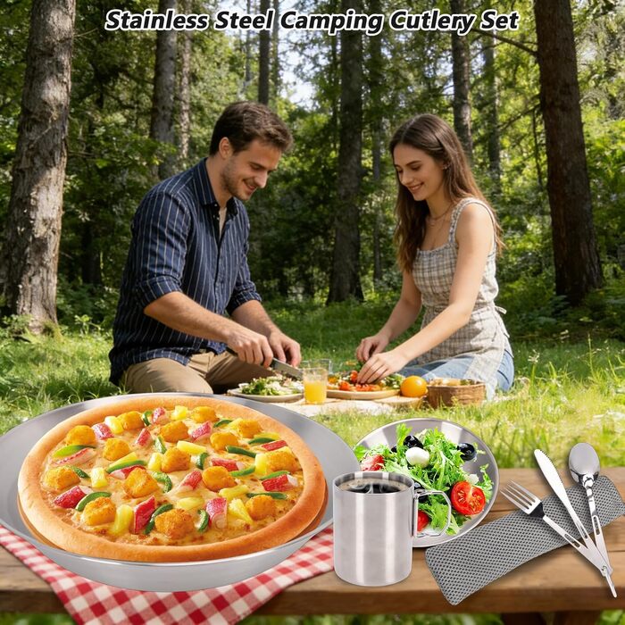 Набір столових приборів SUNGOOYUE, столові прибори з нержавіючої сталі, набір посуду для кемпінгу з двошаровими вакуумними чашками, тарілками, мисками, ножами, виделками, ложками для кемпінгу, пікніків, подорожей