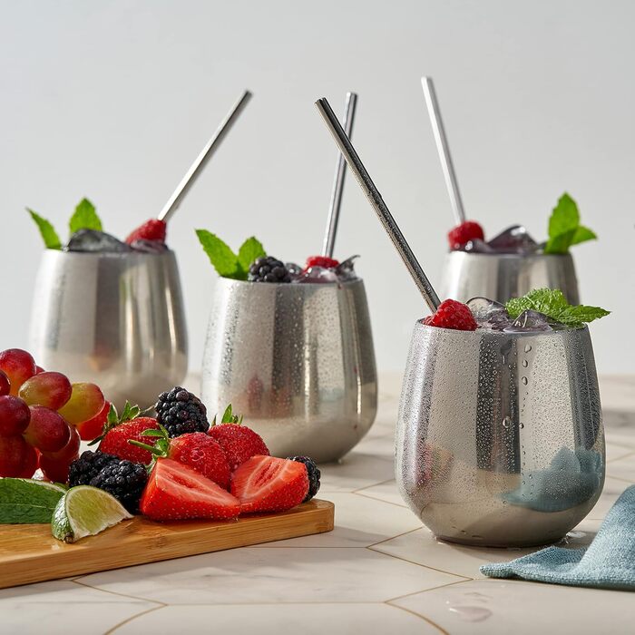 Келихи для червоного вина з нержавіючої сталі без ніжки, 4 металеві соломинки та 2 щітки для чищення, 350 мл - міцні та небиткі -