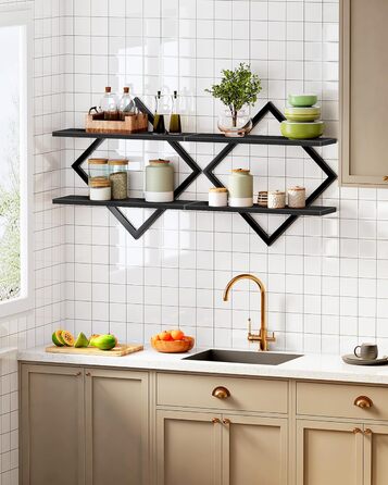 Настінна полиця, комплект з 2 шт., плаваюча полиця, 2-рівневі підвісні полиці, для вітальні, спальні, кухні, офісу, чорна DTBJ01P2BB 2 Чорний