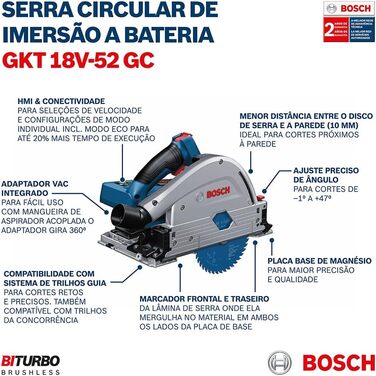 Акумуляторна дискова пила для занурювального пиляння Bosch Professional BITURBO GKT 18V-52 GC (попередньо встановлені рівні швидко