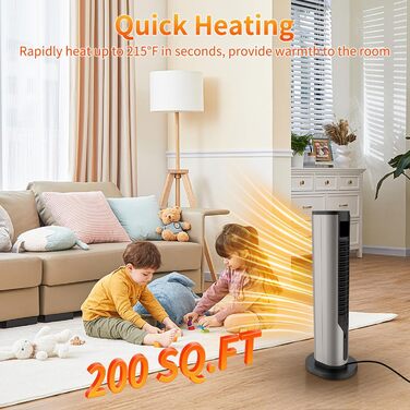 Енергозберігаючий вентилятор-обігрівач, низьке енергоспоживання 2000 Вт, тихий керамічний нагрівальний елемент 60 см, захист від перегріву та перекидання, коливання 70, 3 режими, 12-годинний таймер