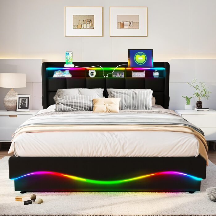 Ліжко-міні-гарнітур 140x200 см із зарядною станцією USB/Type-C, різнокольоровим світлодіодним підсвічуванням, полицею біля узголів&39я та великим місцем для зберігання під ліжком, шкіряне, чорне. Ліжко 140 x 200 см Ebd854-bk