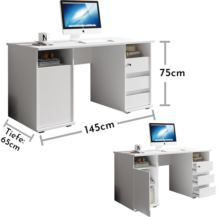 Письмовий стіл PRIMUS з 2 шухлядами, білий - Офісний стіл, комп&39ютерний стіл для домашнього офісу з місцем для зберігання та відкритими полицями - 145 x 74 x 65 см (Ш/В/Г) 145 см білий