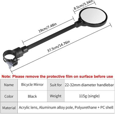 Велосипедне дзеркало WESTGIRL, регульоване та поворотне на 360, опукле HD ширококутне дзеркало заднього виду для керма, ударостійке безпечне велосипедне дзеркало універсальне для гірського велосипеда, шосейного велосипеда, електровелосипеда, A ()