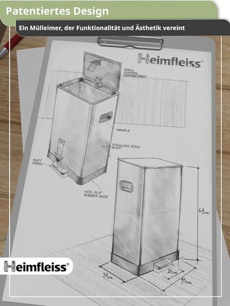 Відро для сміття Heimfleiss 50 л Педальне відро для сміття Дизайнерське прямокутне відро з нержавіючої сталі Сучасне відро для смі